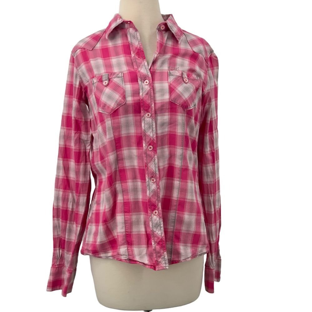 Cruel Women's Long Sleeve Button Up Western Shirt Pink Gray White Plaid Size L